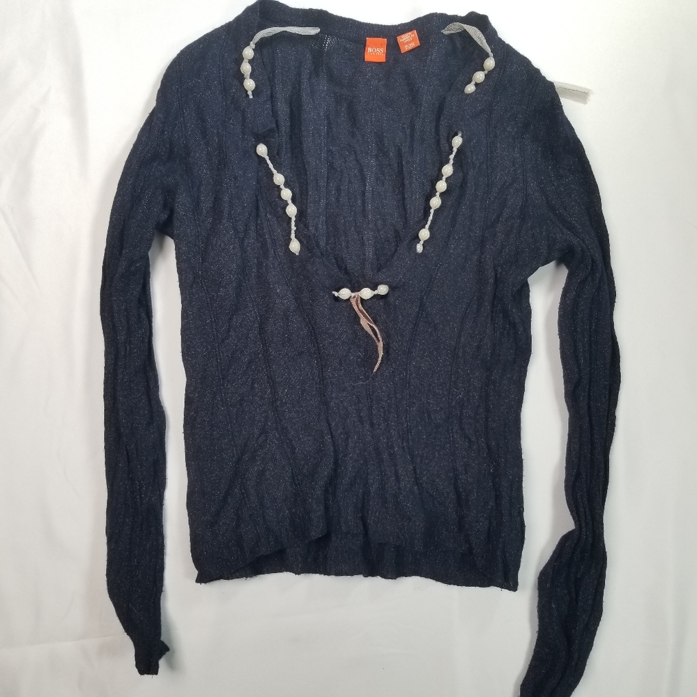 Hugo Boss Women's Long Sleeve Blouse Navy Blue Metallic Shimmer Size S